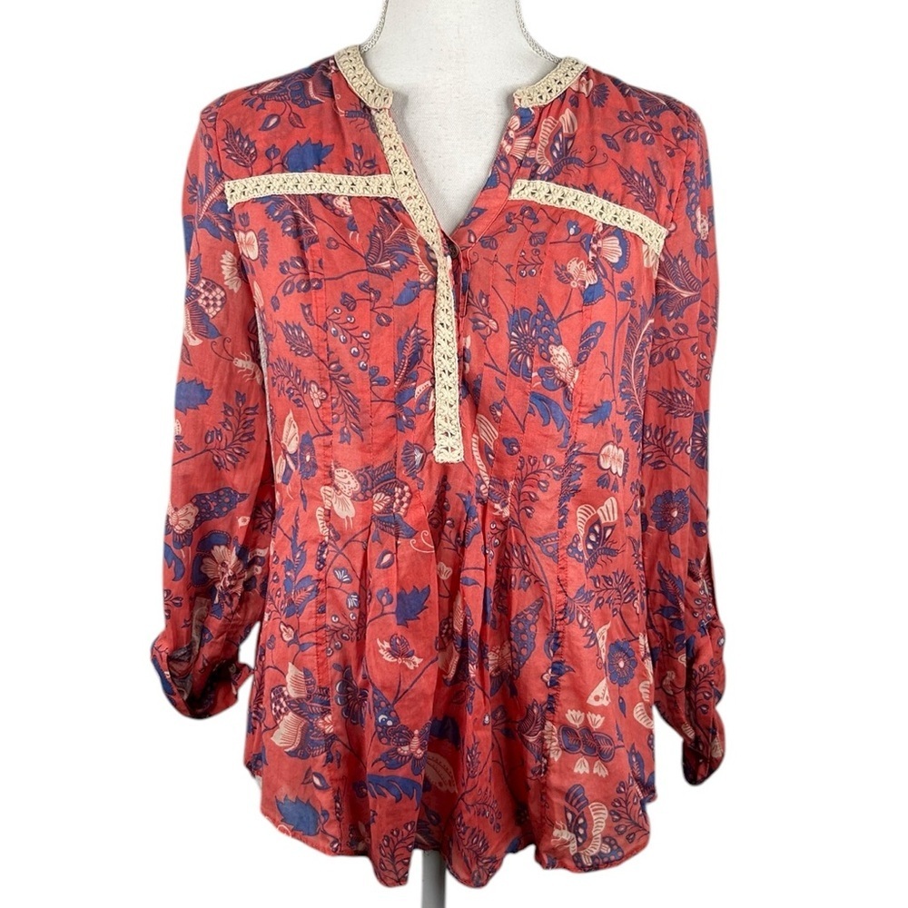 Maeve Pink & Blue Floral Boho V-Neck Long Sleeve Flowy Festival Top Size Small 2
